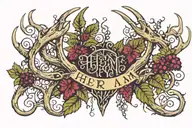 white tail deer antler (singular) wrapped in a black raspberry vines with the words "Here I Am" written underneath it tattoo design idea
