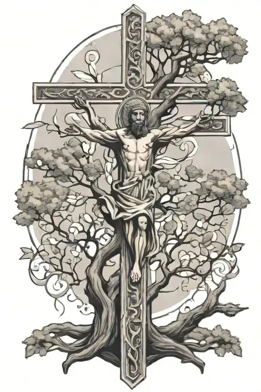 st francis of assisi cross with meditation tree inside, taking up all of the cross tattoo design idea