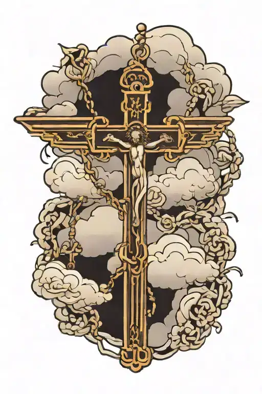 rosary wrapped loosely with praying hands and clouds in the back tattoo design idea
