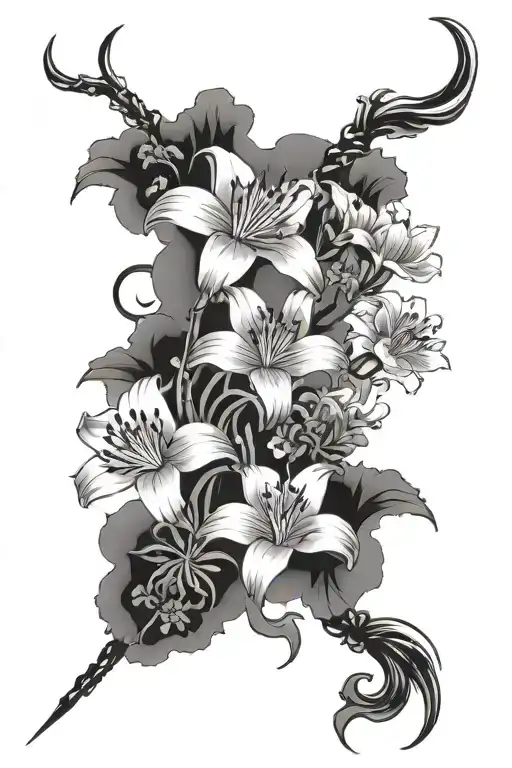 Chinese influenced Spine tattoo with coi fish, spider lilies, and cherry blossoms tattoo design idea