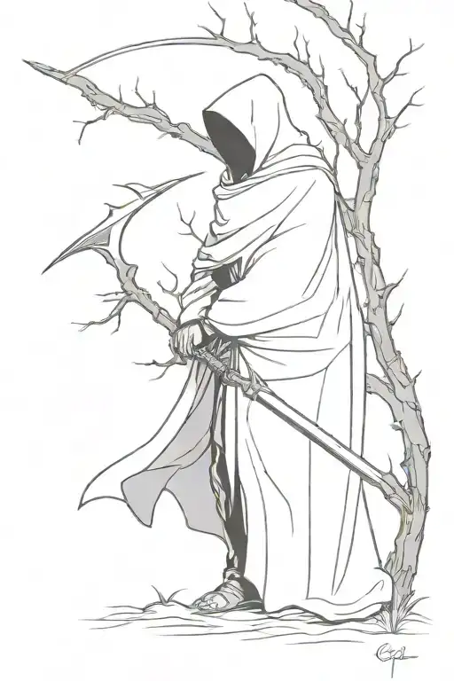 Reaper with cloak and long and curved Scythe standing under a tree very meek simple tattoo design idea