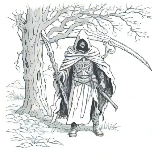 Reaper with cloak and Scythe standing under a tree tattoo design idea