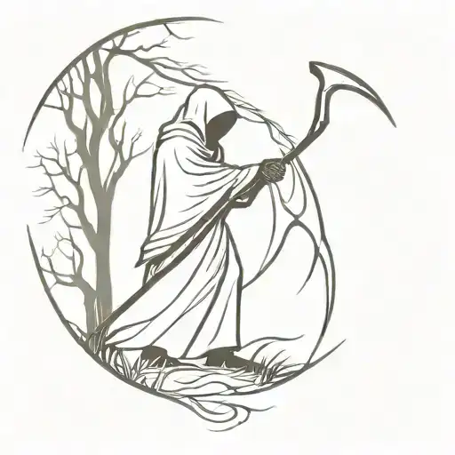 Reaper with cloak and long and curved Scythe standing under a tree very meek simple tattoo design idea