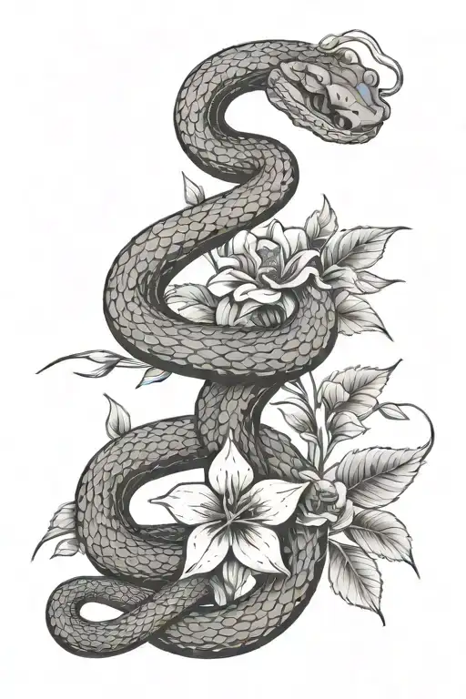 snake and flowers growing tattoo design idea