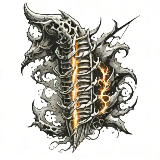 spine tattoo with lighting bolt striking and intertwined with markings  tattoo design idea