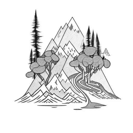 A mountain landscape with a winding hiking trail tattoo design idea