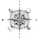 A compass rose surrounded by different modes of transportation (plane, train, bike, kayak) tattoo design idea