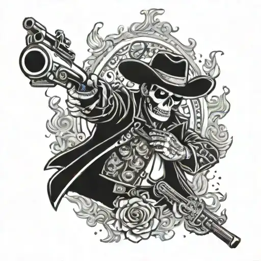 Chicano style dead mariachi holding gun with fire all around him  tattoo design idea