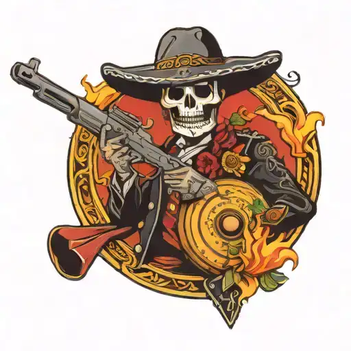 dead mariachi holding gun with fire around him tattoo design idea