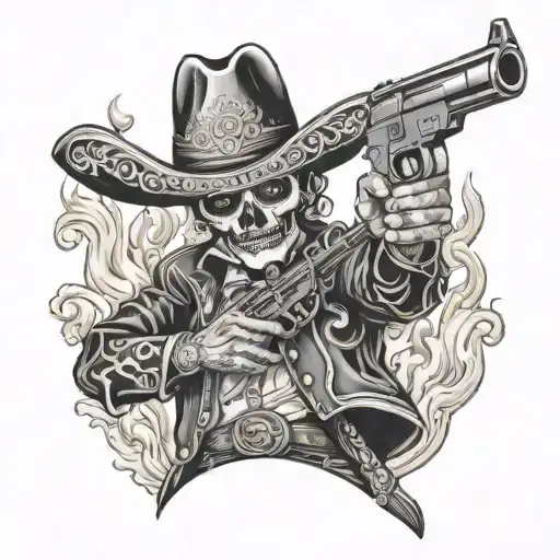 Chicano style dead mariachi holding gun with fire all around him  tattoo design idea