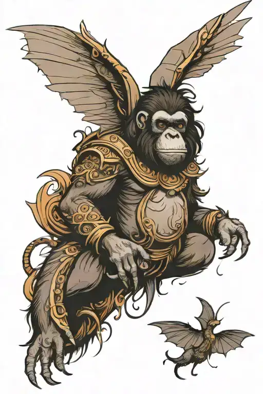 To design a tattoo flash of an anthropomorphized orangutan with large bat-like wings, a halo, and a reminiscence of Cath tattoo design idea