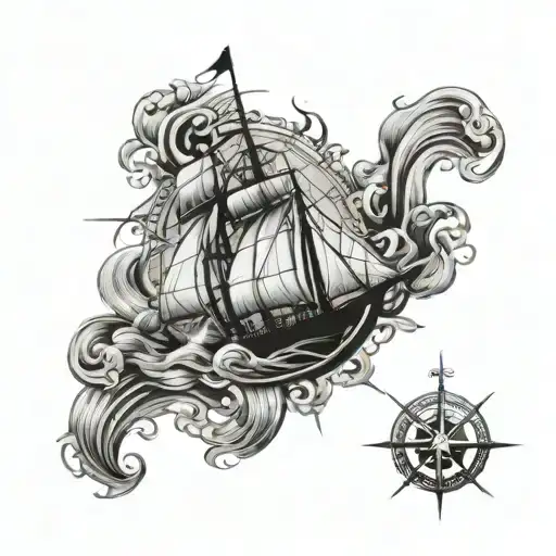 An intricate compass rose with a ship sailing on stormy waves, combining your love for traveling and the ocean tattoo design idea