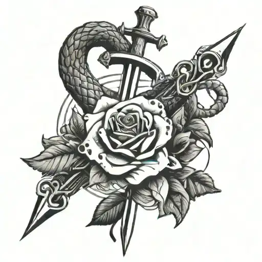 Crossed swords with a heart and a rose and a snake  tattoo design idea