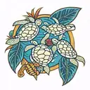 A colorful and playful tattoo featuring your 2 daughters playing with sea turtles in a Hawaiian setting, capturing the joy of family and nature tattoo design idea