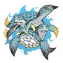 A colorful and playful tattoo featuring your 2 daughters playing with sea turtles in a Hawaiian setting, capturing the joy of family and nature tattoo design idea