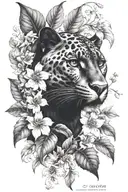 mean panther hidden in hawthorne flower large black leaves tattoo design idea
