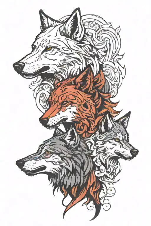 2 wolf heads. one in light one in dark tattoo design idea
