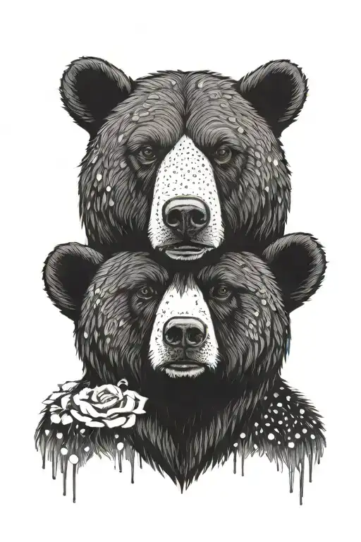 Natve american girl's head wearing the skin of a bear. neither of them have pupils  tattoo design idea