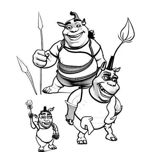 A minimalist tattoo of Shrek and Donkey walking through the streets of Minas Gerais tattoo design idea