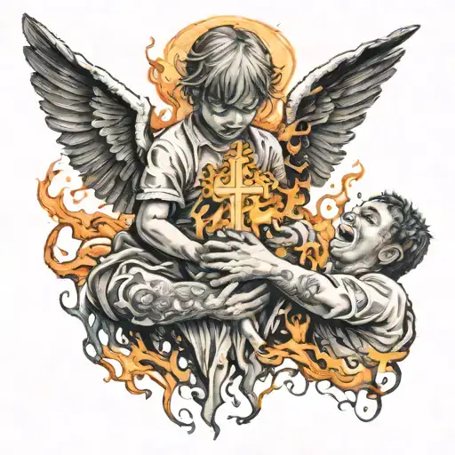 Half child is a demon with fire in his hands, half child is an angel with a cross in his hands tattoo design idea