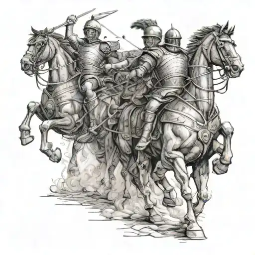 A detailed battle scene from the Roman Empire with soldiers and chariots tattoo design idea