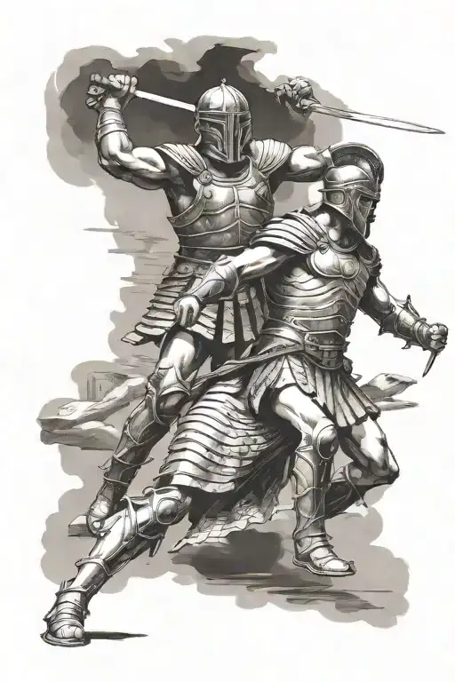 gladiator battle in an ampi theatre with Roman centurions watching tattoo design idea