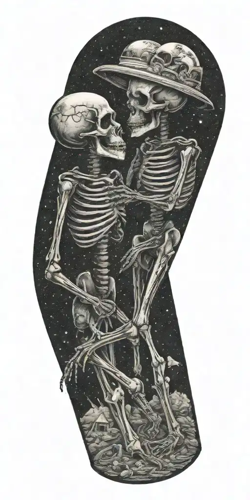 skeletons kissing each other getting beamed up by a ufo tattoo design idea