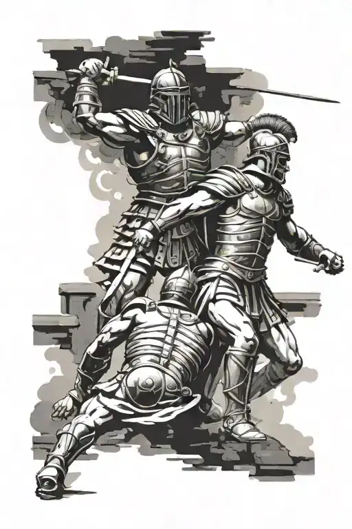 gladiator battle in an ampi theatre with Roman centurions watching tattoo design idea