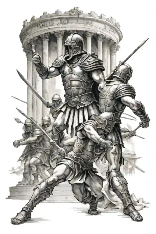 gladiator battle in an ampi theatre with Roman centurions watching tattoo design idea