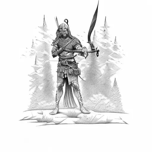 A scarred warrior holding a sword and a bow, standing in front of a serene home in the woods tattoo design idea
