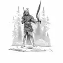 A scarred warrior holding a sword and a bow, standing in front of a serene home in the woods tattoo design idea