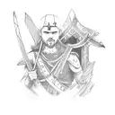 A scarred warrior holding a sword and a bow, standing in front of a serene home in the woods tattoo design idea