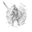 A scarred warrior holding a sword and a bow, standing in front of a serene home in the woods tattoo design idea