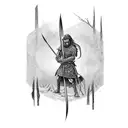 A scarred warrior holding a sword and a bow, standing in front of a serene home in the woods tattoo design idea