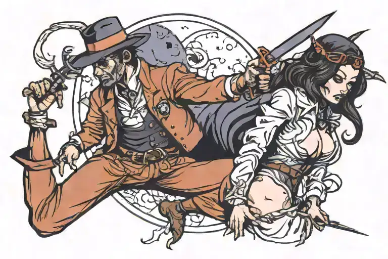 the ripper give her hand to a samouraï dying under the moon tattoo design idea