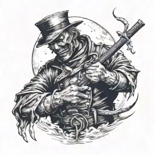 the ripper give hand to a samourai dying under the moon tattoo design idea