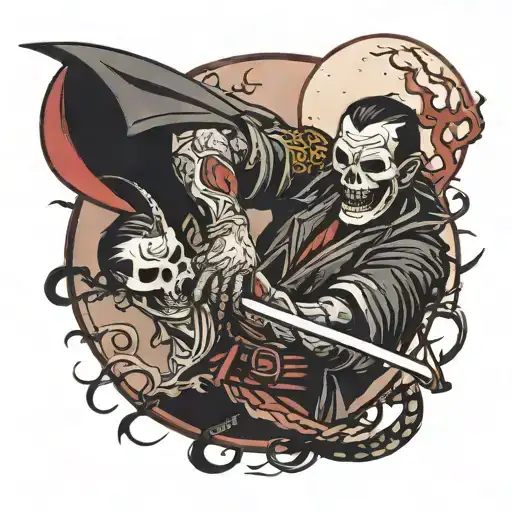 the ripper give hand to a samourai dying under the moon tattoo design idea