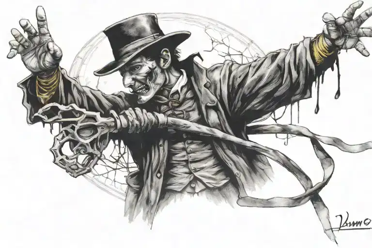 the ripper give hand to a samourai dying under the moon tattoo design idea