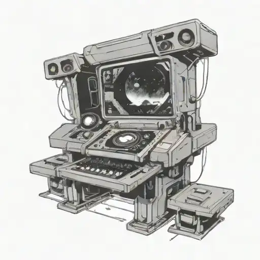 A futuristic space station DJ booth with holographic music controls and alien landscapes tattoo design idea