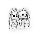 cartoon ghost wearing a firefighter helmet and a cartoon ghost wearing a witch hat, visible in a gothic cathedral window tattoo design idea