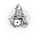 cartoon ghost wearing a firefighter helmet and a cartoon ghost wearing a witch hat, visible in a gothic cathedral window tattoo design idea