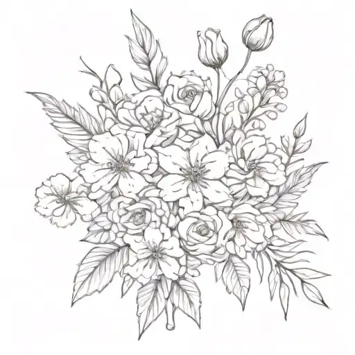 botanical floral leaves and vines dainty carnations, daffodils, daisy, rose, and cosmo tattoo design idea