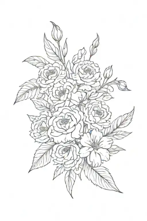 botanical floral leaves and vines dainty carnations, daffodils, daisy, rose, and cosmo tattoo design idea