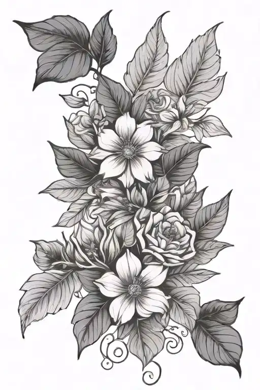 botanical floral garden with leaves and flowers  tattoo design idea