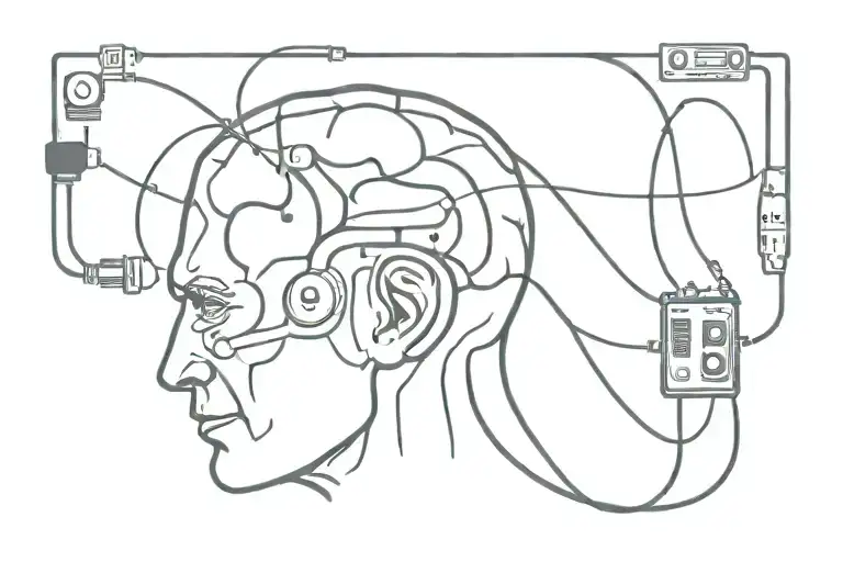 Brain in a Frankenstein's laboratory apparatus connected via wire to old-school wall switch.  tattoo design idea