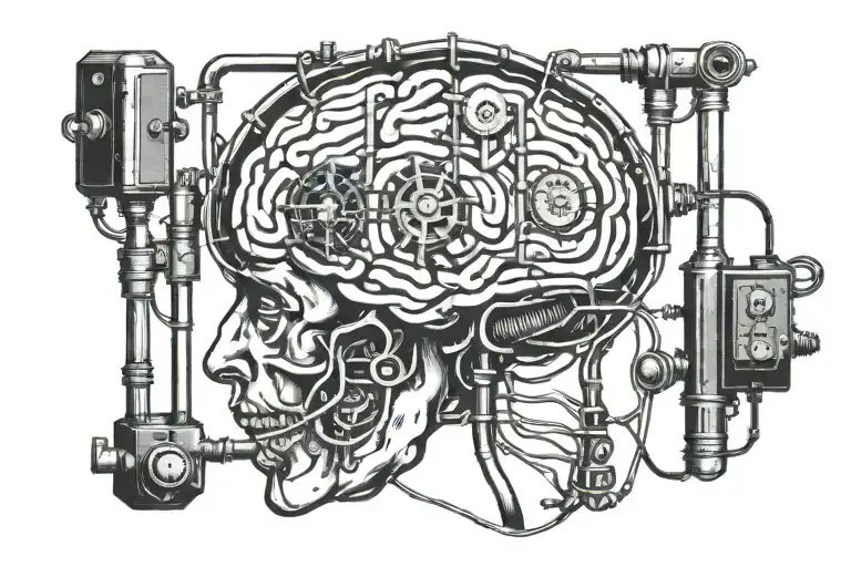 Brain flanked by metal rods resembling Frankenstein's laboratory apparatus connected via wire to old-school wall switch tattoo design idea