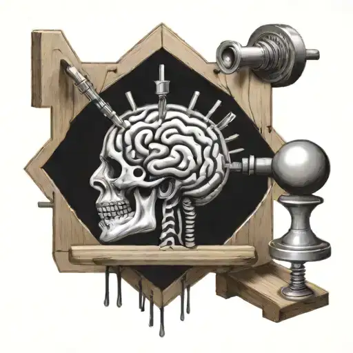 Brain on a wooden platter, flanked by metal rods resembling Frankenstein's laboratory apparatus connected to wall-switch tattoo design idea