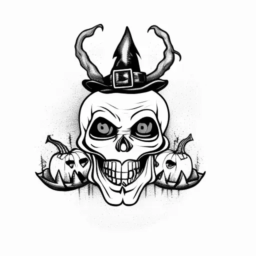 jack o lantern with skulls and witches tattoo design idea