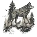 A detailed trail winding through a forest leading to a wolf's den tattoo design idea