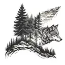 A detailed trail winding through a forest leading to a wolf's den tattoo design idea